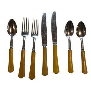Vintage 6-Piece Stainless Steel Flatware Set With Brown / Tan  Handles